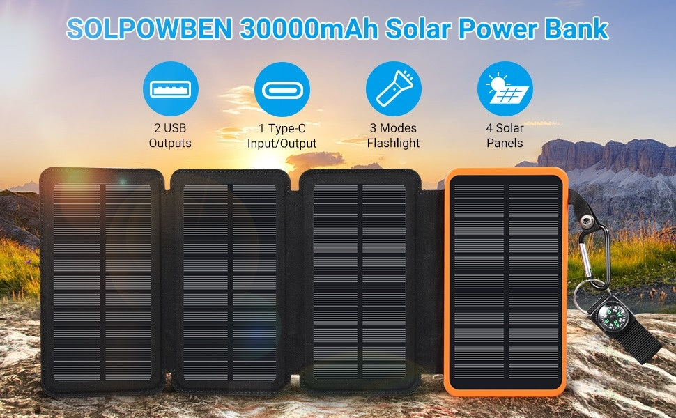 30000mAh Solar Charger Panels Solar Charger Power Bank with 4 Solar Panels