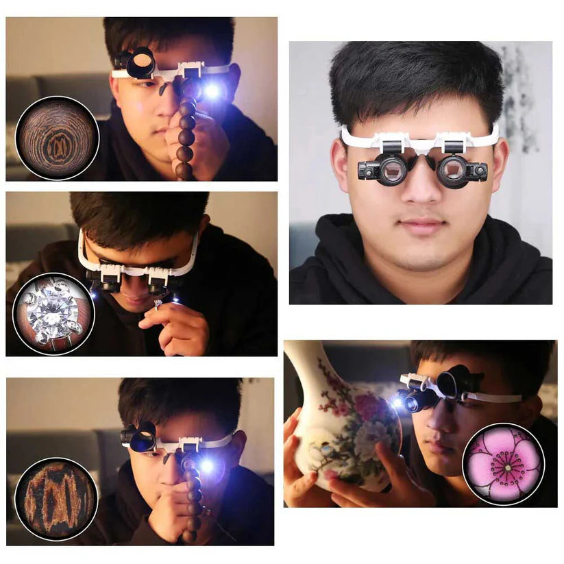 (PACK OF 2) Hands-Free Magnifier Eyeglasses with 2 LED Lights